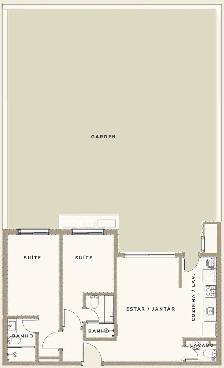 Planta do apartamento Garden com 110 m² privativos, duas suítes e garden privativo