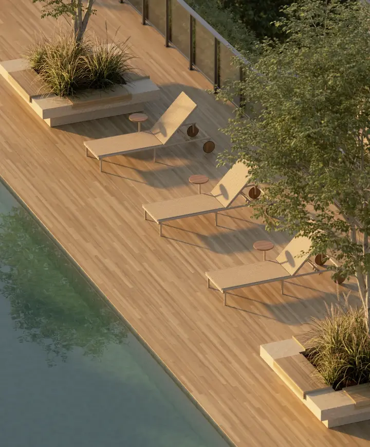 Render do deck da piscina do rooftop, com espreguiçadeiras e jardineiras ao entardecer